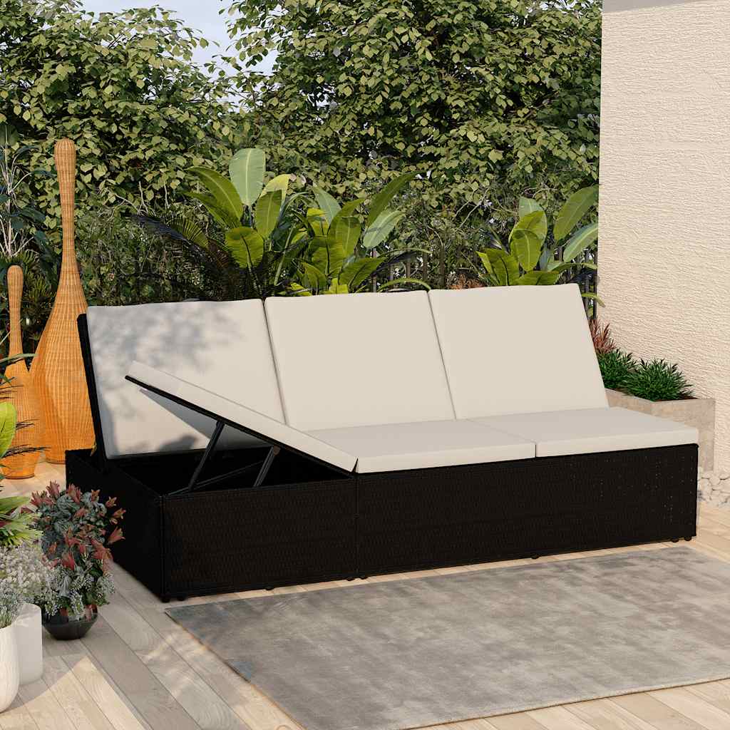 Lettino Prendisole Trasformabile con Cuscino Polyrattan Nero