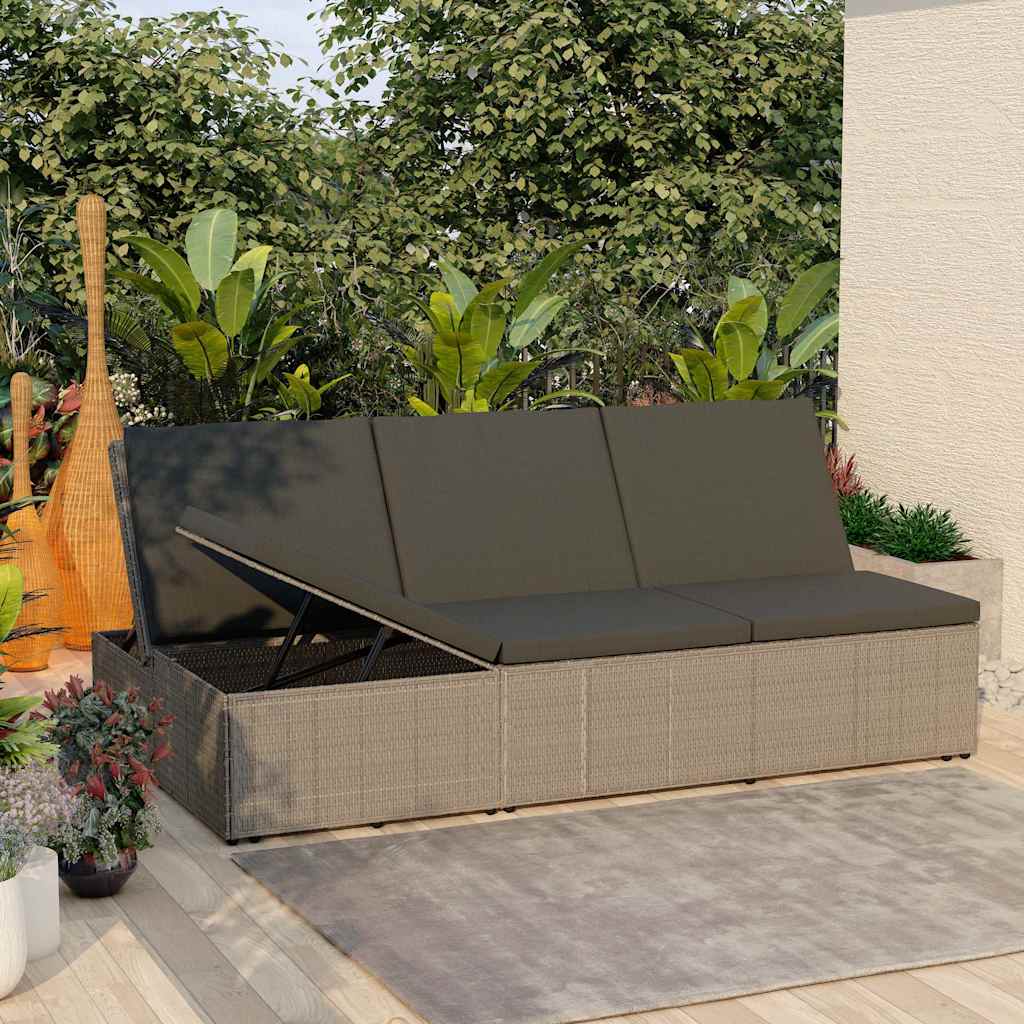 Lettino Prendisole Trasformabile con Cuscino Polyrattan Grigio