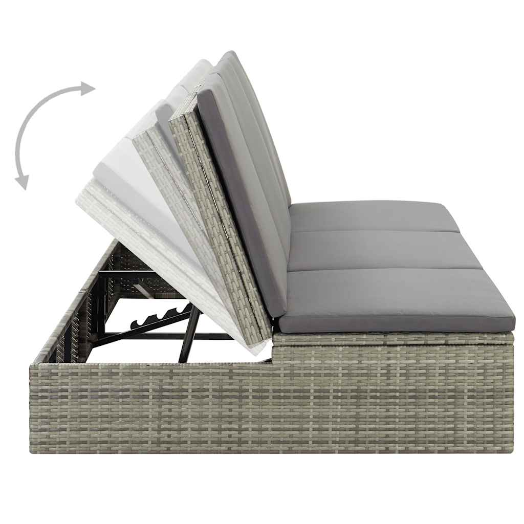 Lettino Prendisole Trasformabile con Cuscino Polyrattan Grigio