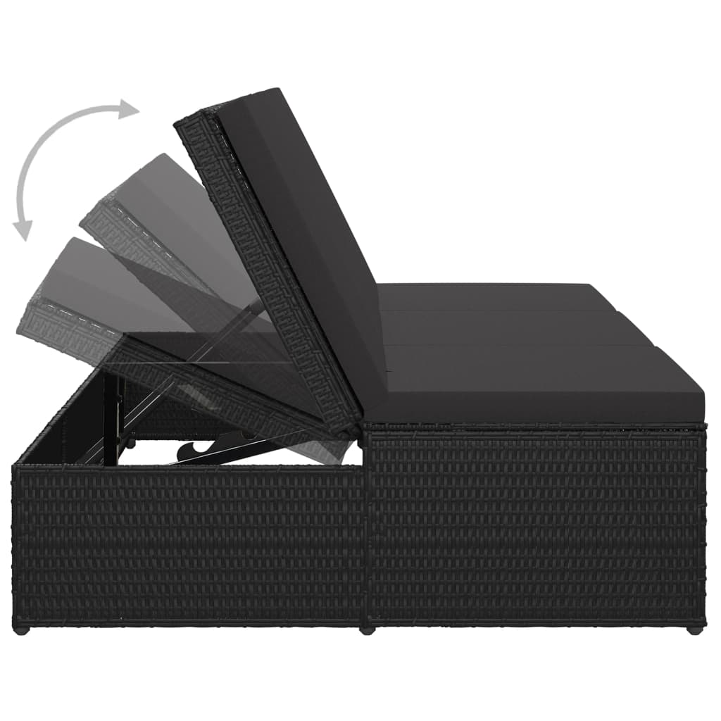 Lettino Prendisole Trasformabile con Cuscino Polyrattan Nero
