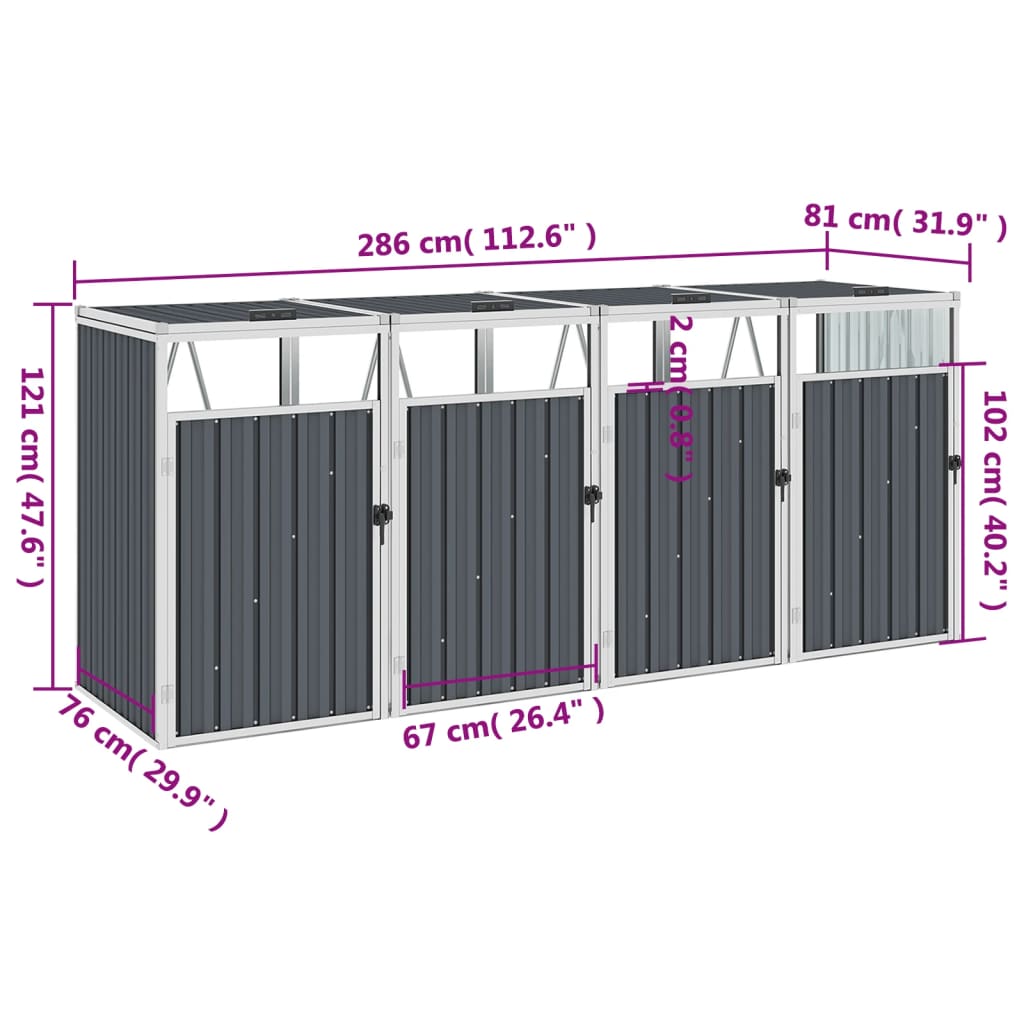 Copri Bidone Rifiuti Quadruplo Grigio 286x81x121 cm in Acciaio