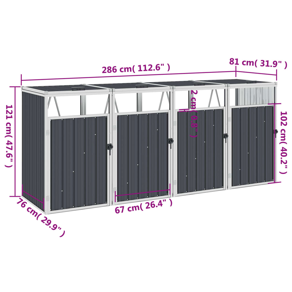 Copri Bidone Rifiuti Quadruplo Antracite 286x81x121 cm Acciaio