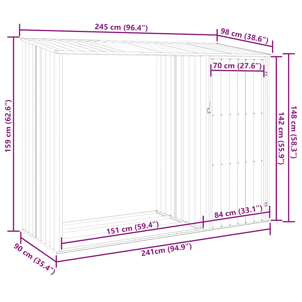 Capanno per Legna da Giardino 245x98x159 cm in Acciaio Zincato