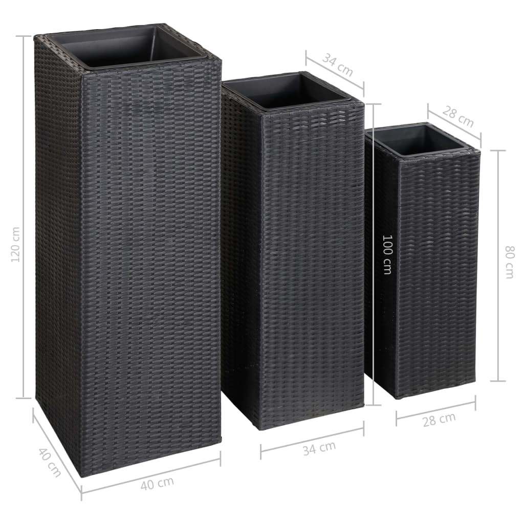 Letti Rialzati da Giardino 3 pz in Polyrattan Nero