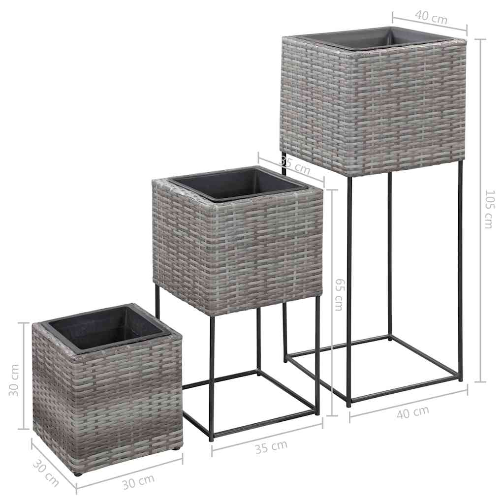 Letti Rialzati da Giardino 3 pz in Polyrattan Grigio