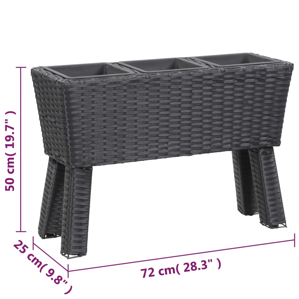 Letto Rialzato con Gambe 3 Vasi 72x25x50 cm in Polyrattan Nero