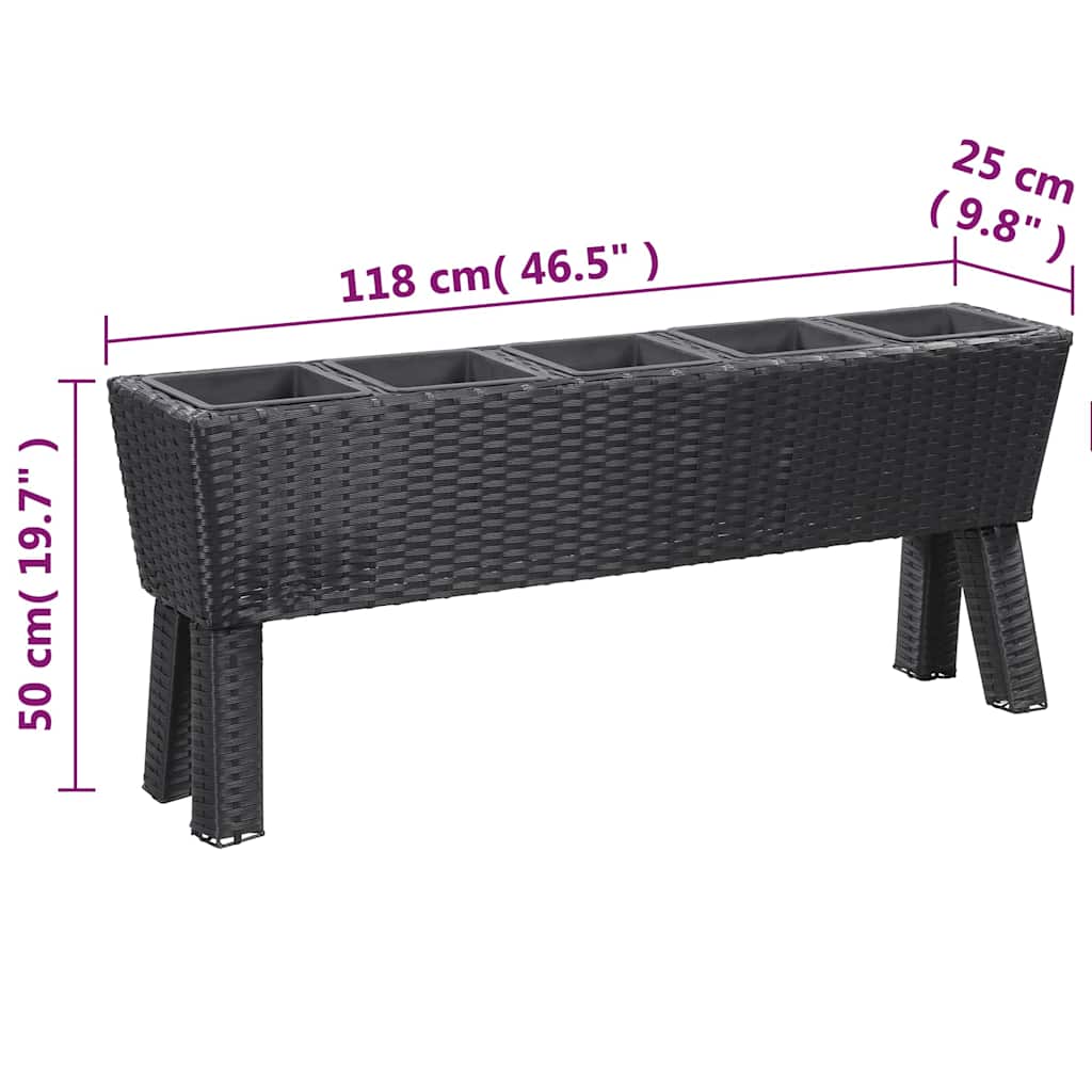 Letto Rialzato con Gambe e 5 Vasi 118x25x50 cm Polyrattan Nero