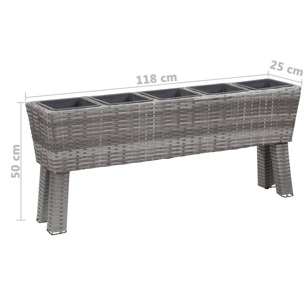Letto Rialzato con Gambe e 5 Vasi 118x25x50cm Polyrattan Grigio
