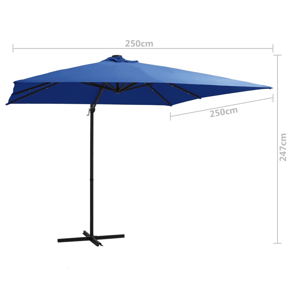 Ombrellone a Sbalzo con LED e Palo in Acciaio 250x250cm Azzurro