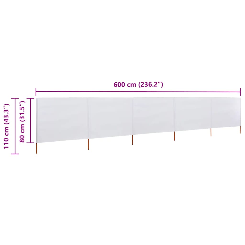 Paravento a 5 Pannelli in Tessuto 600x80 cm Bianco Sabbia