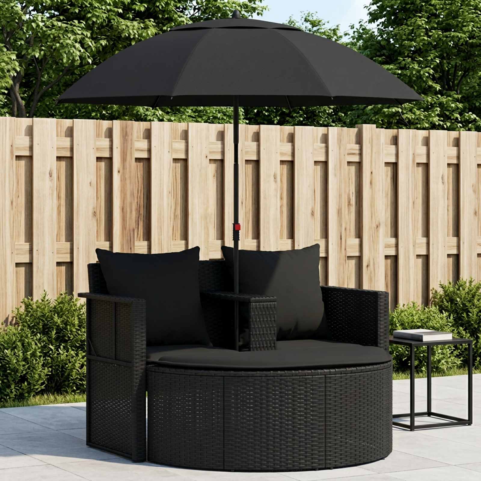 Lettino da Giardino con Ombrellone in Polyrattan Nero
