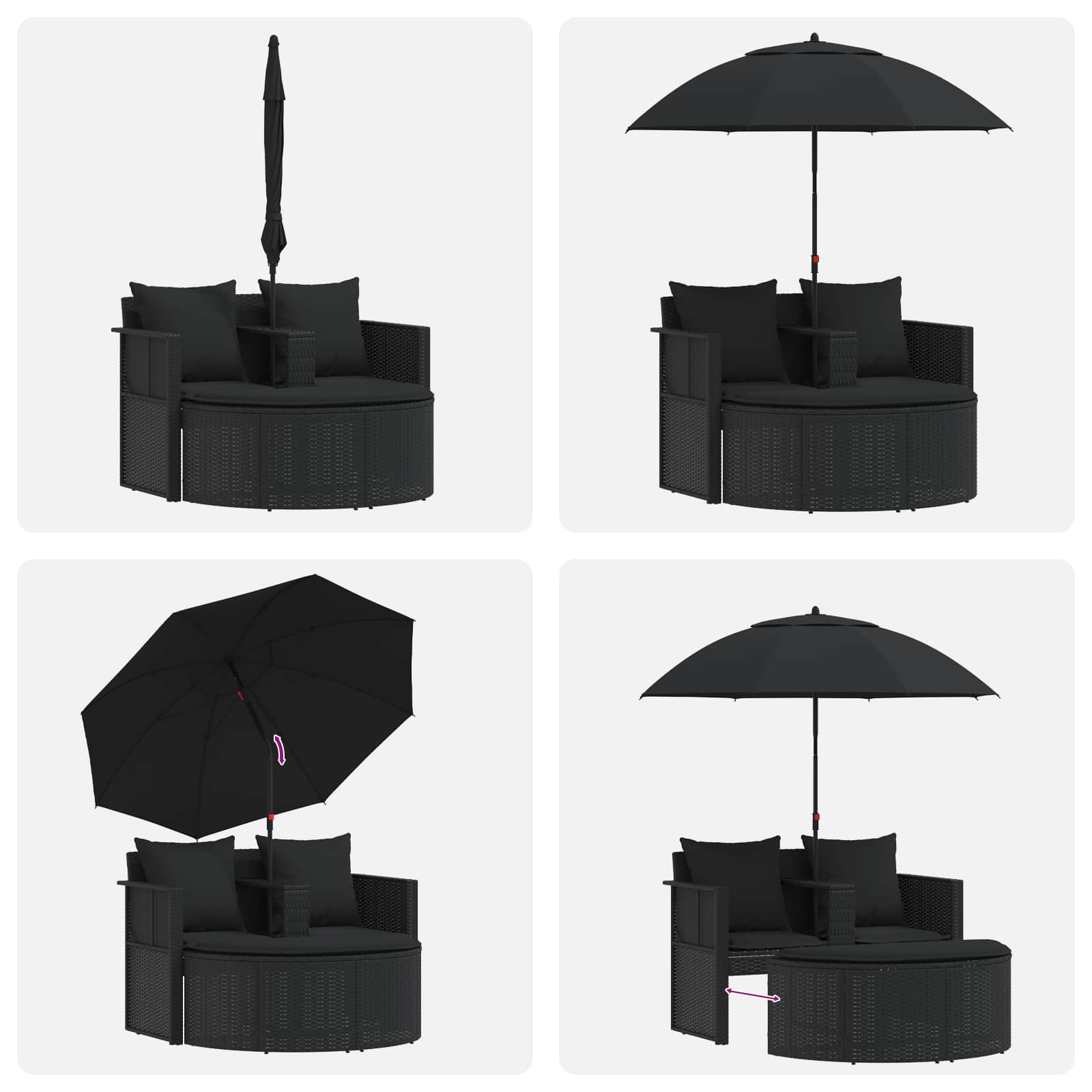 Lettino da Giardino con Ombrellone in Polyrattan Nero