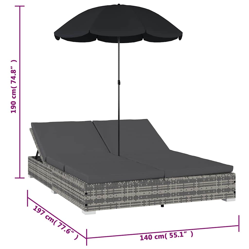 Lettino Prendisole con Ombrellone in Polyrattan Grigio