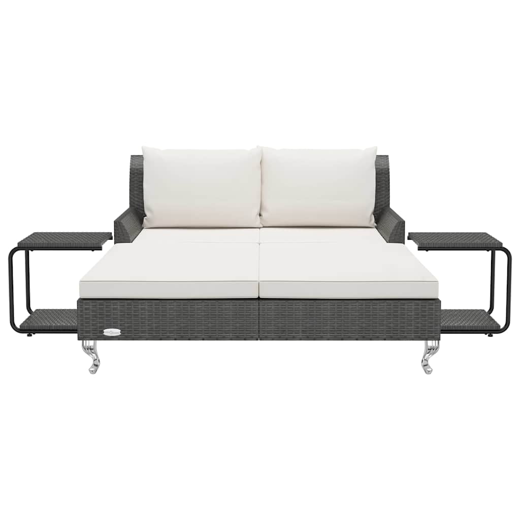 Lettino Prendisole per 2 Persone con Cuscini in Polyrattan Nero