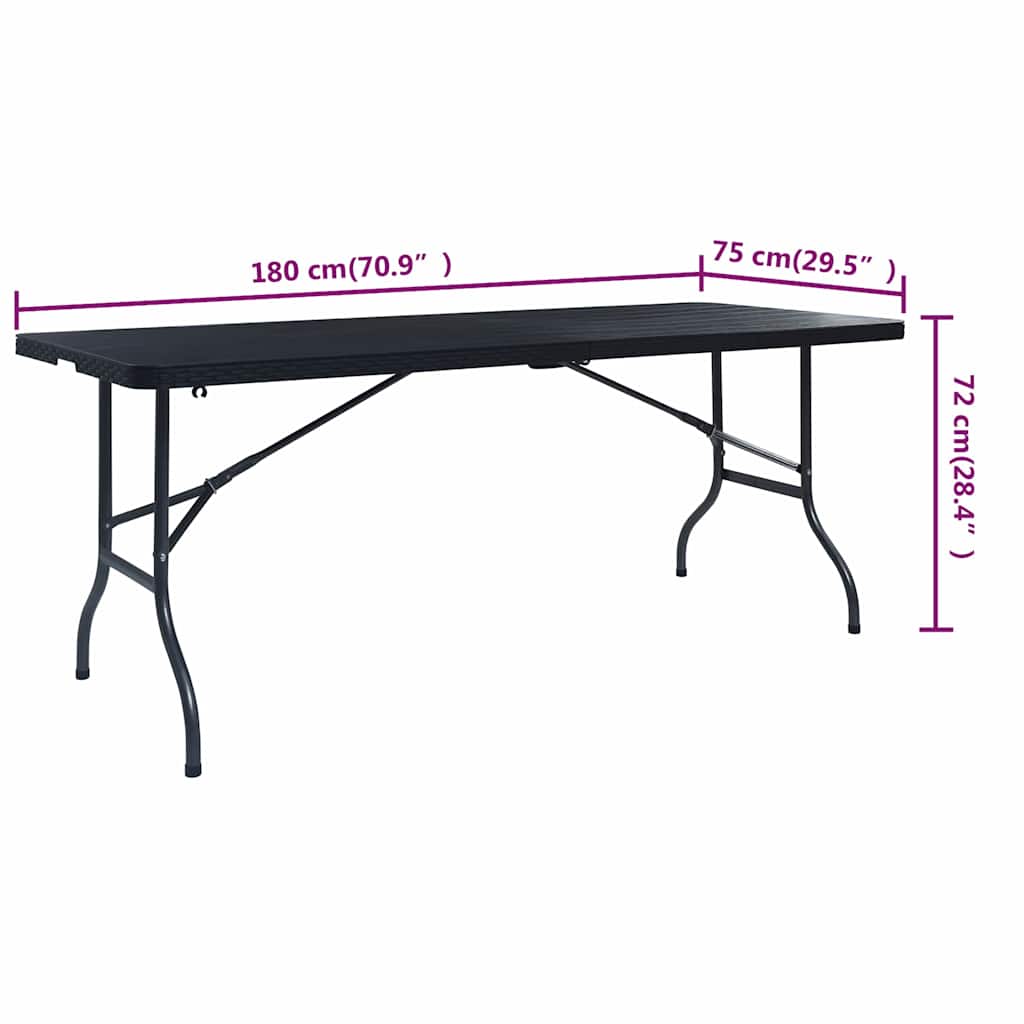 Tavolo da Giardino Pieghevole Nero 180x75x72 cm in Rattan HDPE