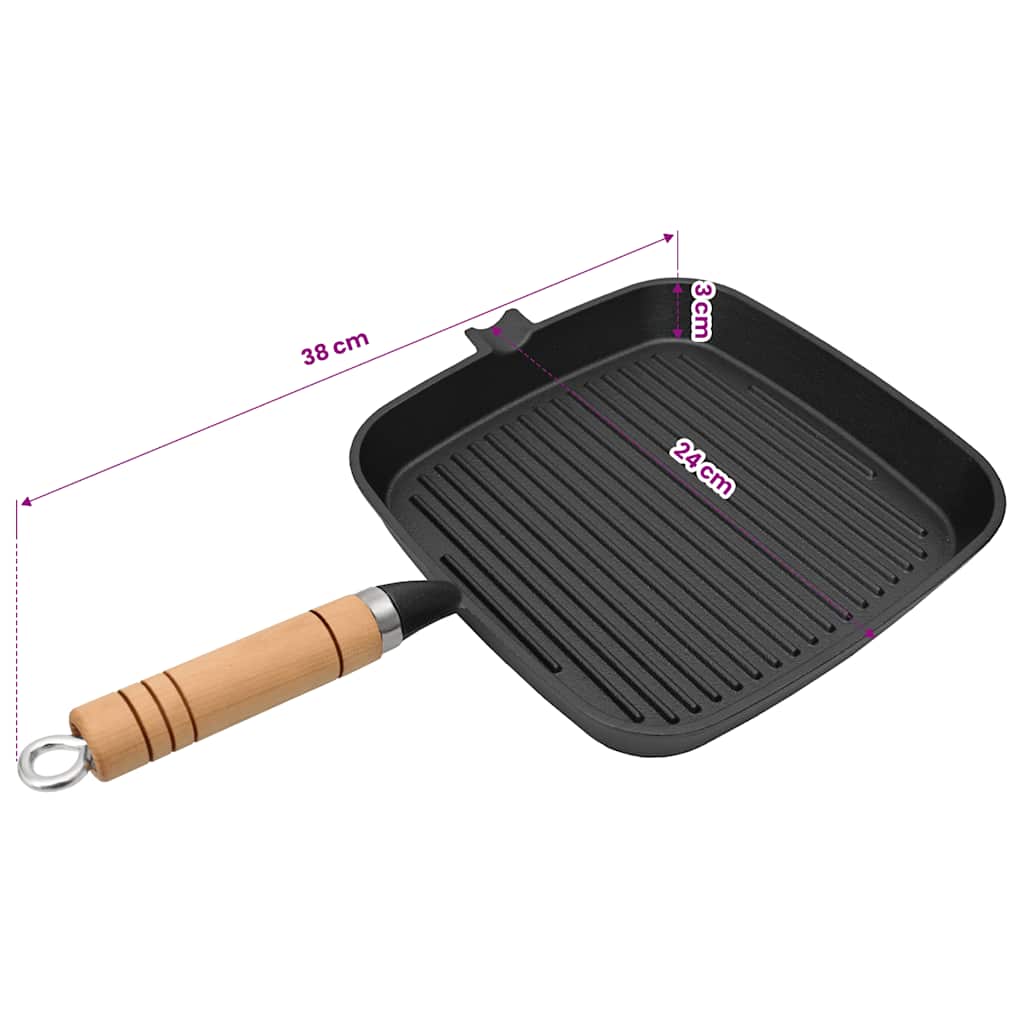 Padella Tegame Griglia in Ghisa con Manico in Legno 20x20 cm