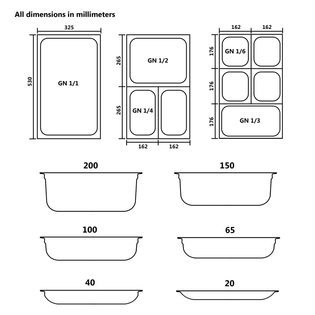 Contenitori Gastronorm 4 pz GN 1/2 65 mm in Acciaio Inox