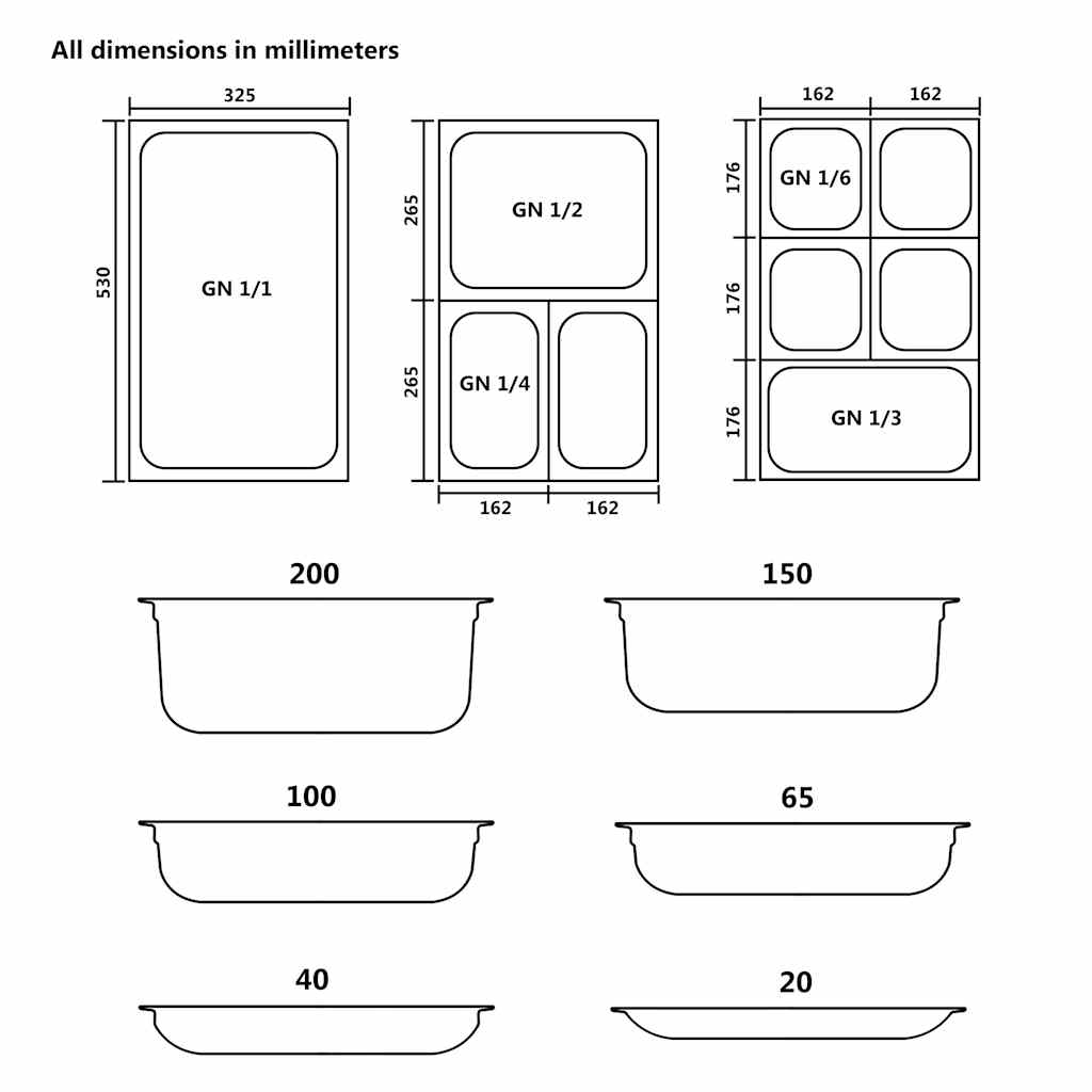 Contenitori Gastronorm 8 pz GN 1/6 200 mm in Acciaio Inox