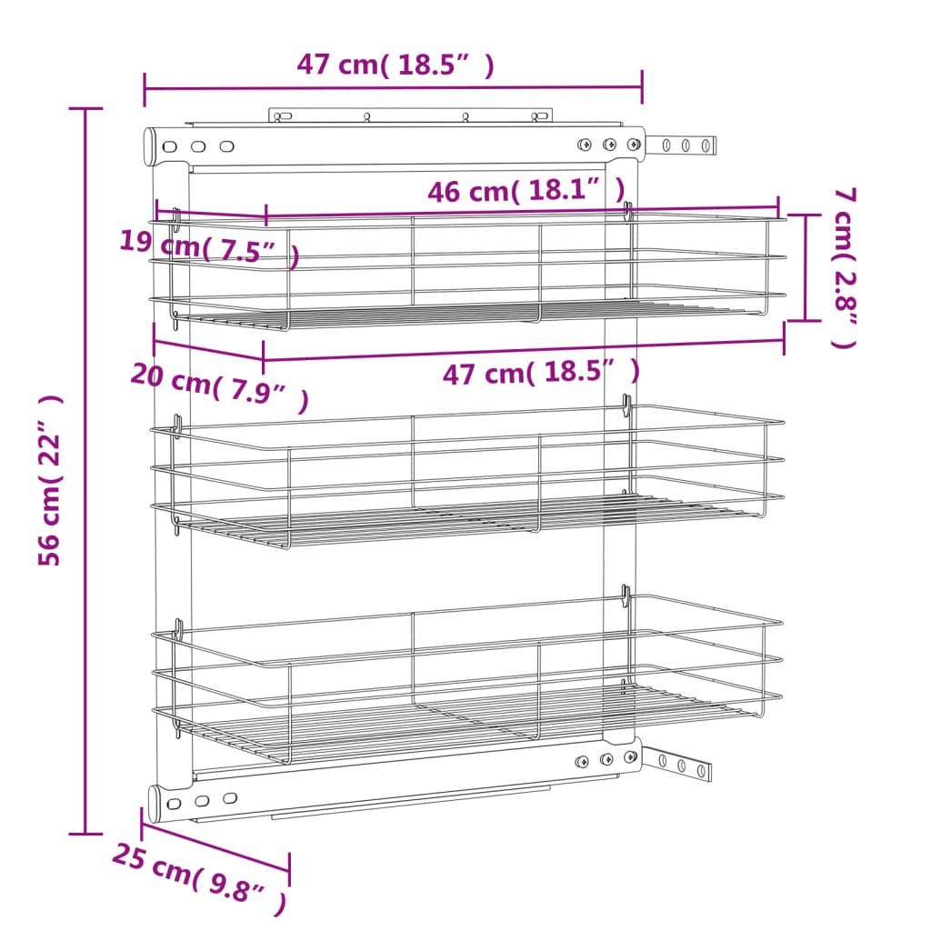 Cestino da Cucina in Rete a 3 Livelli Argento 47x25x56 cm