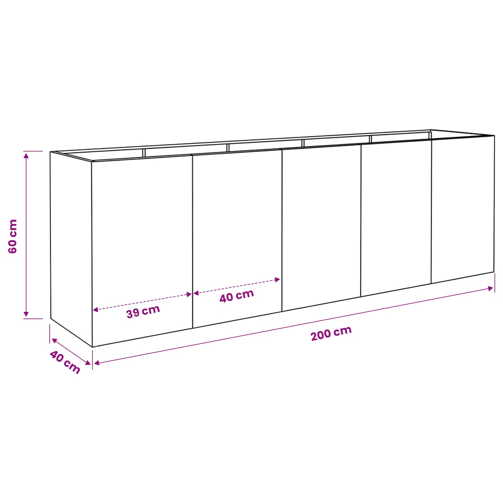 Vaso da giardino Nero 200 x 40 x 60 cm