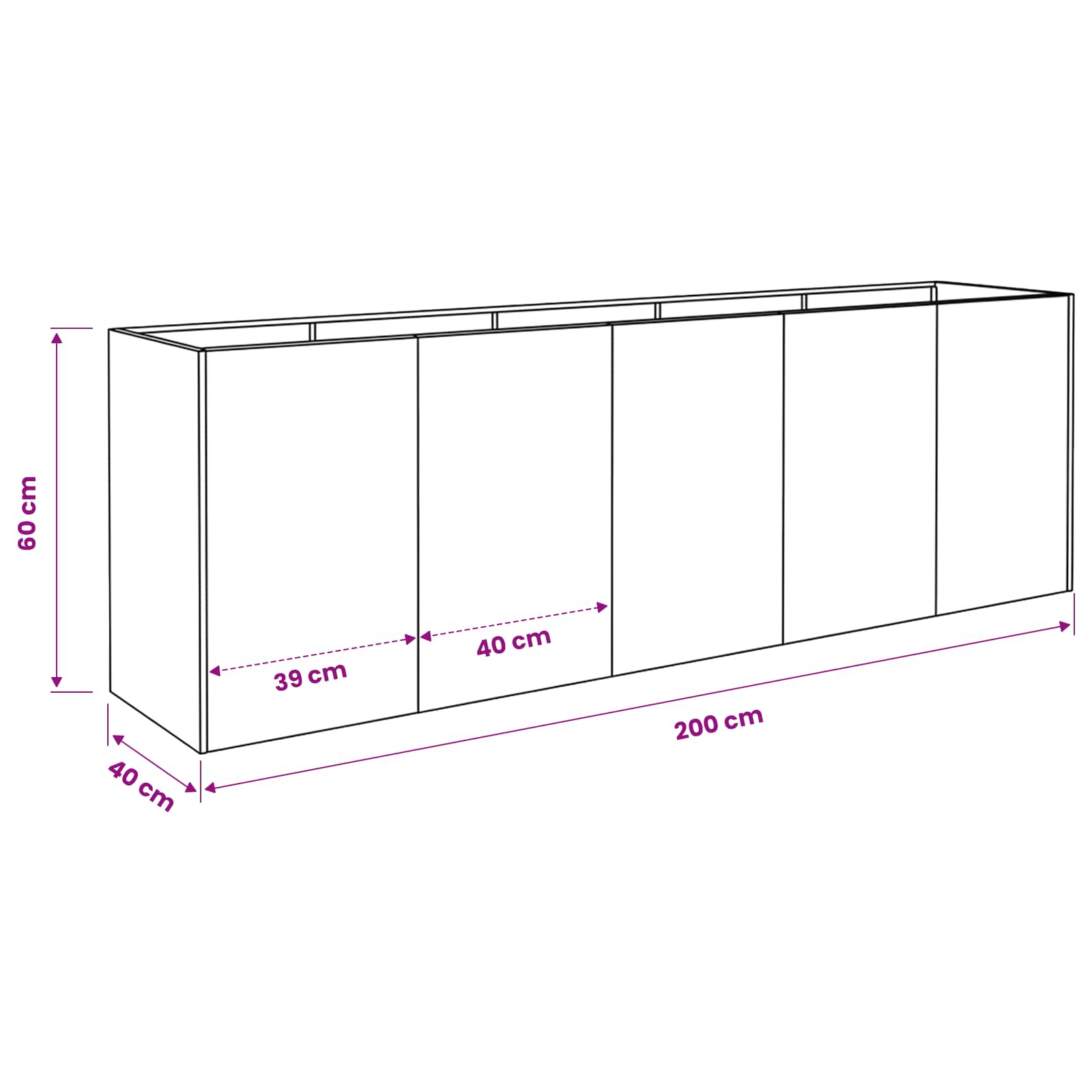 Vaso da giardino Argento 200 x 40 x 60 cm Acciaio Inox