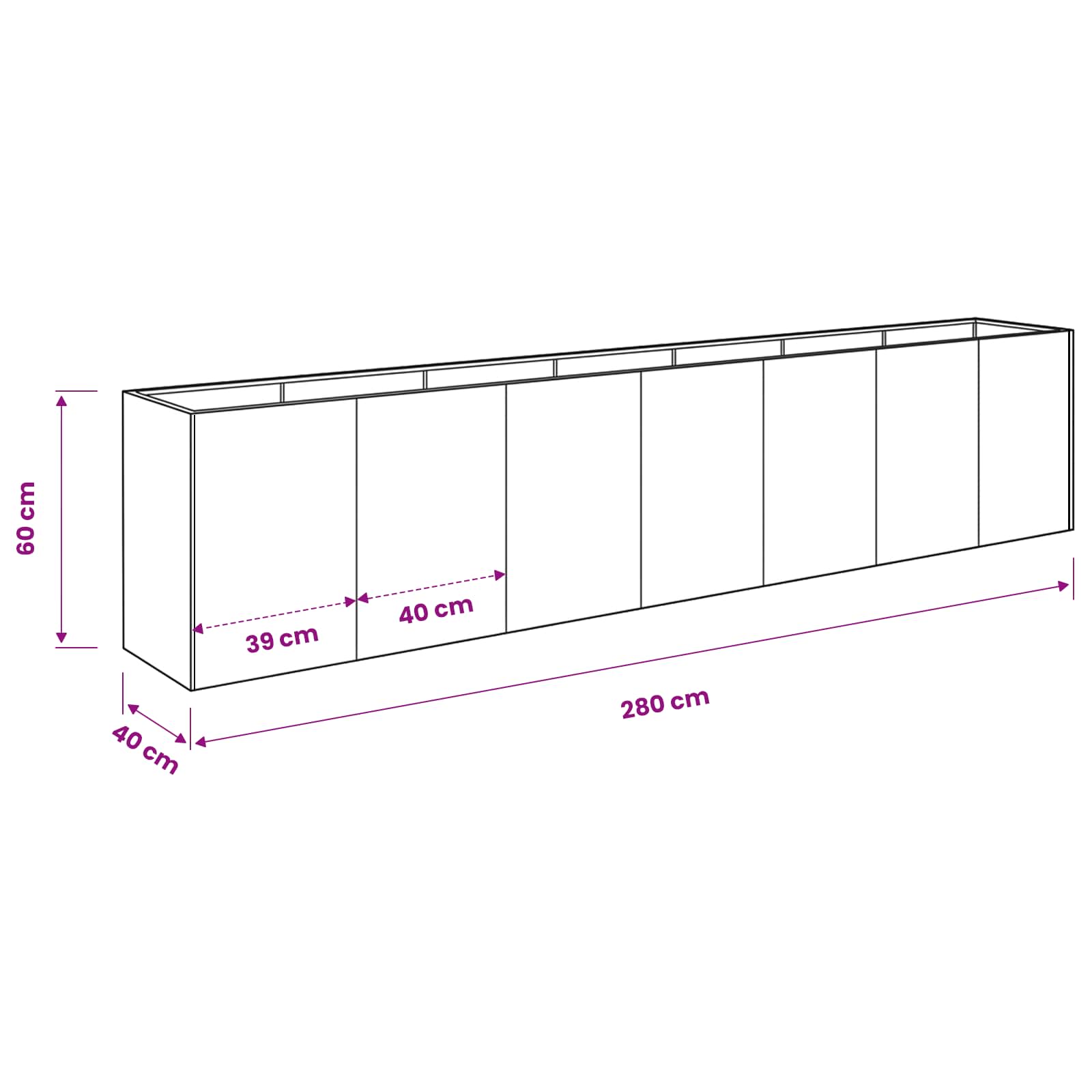 Vaso da giardino Argento 280 x 40 x 60 cm Acciaio zincato