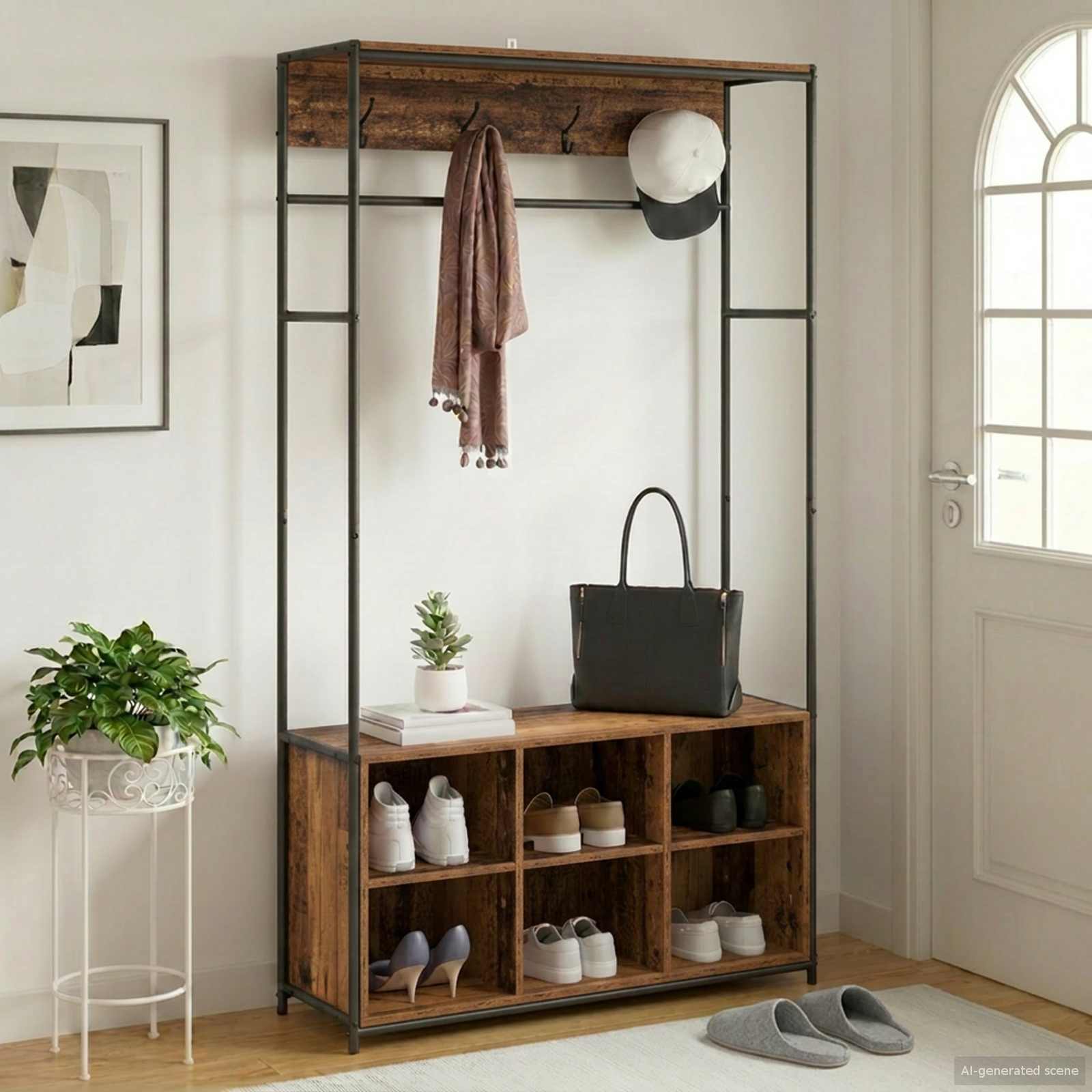 Appendiabiti con panca per scarpe Legno antico