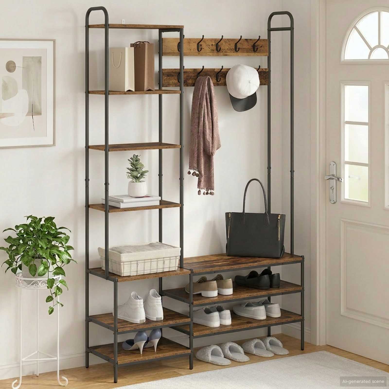 Appendiabiti con panca per scarpe Legno antico