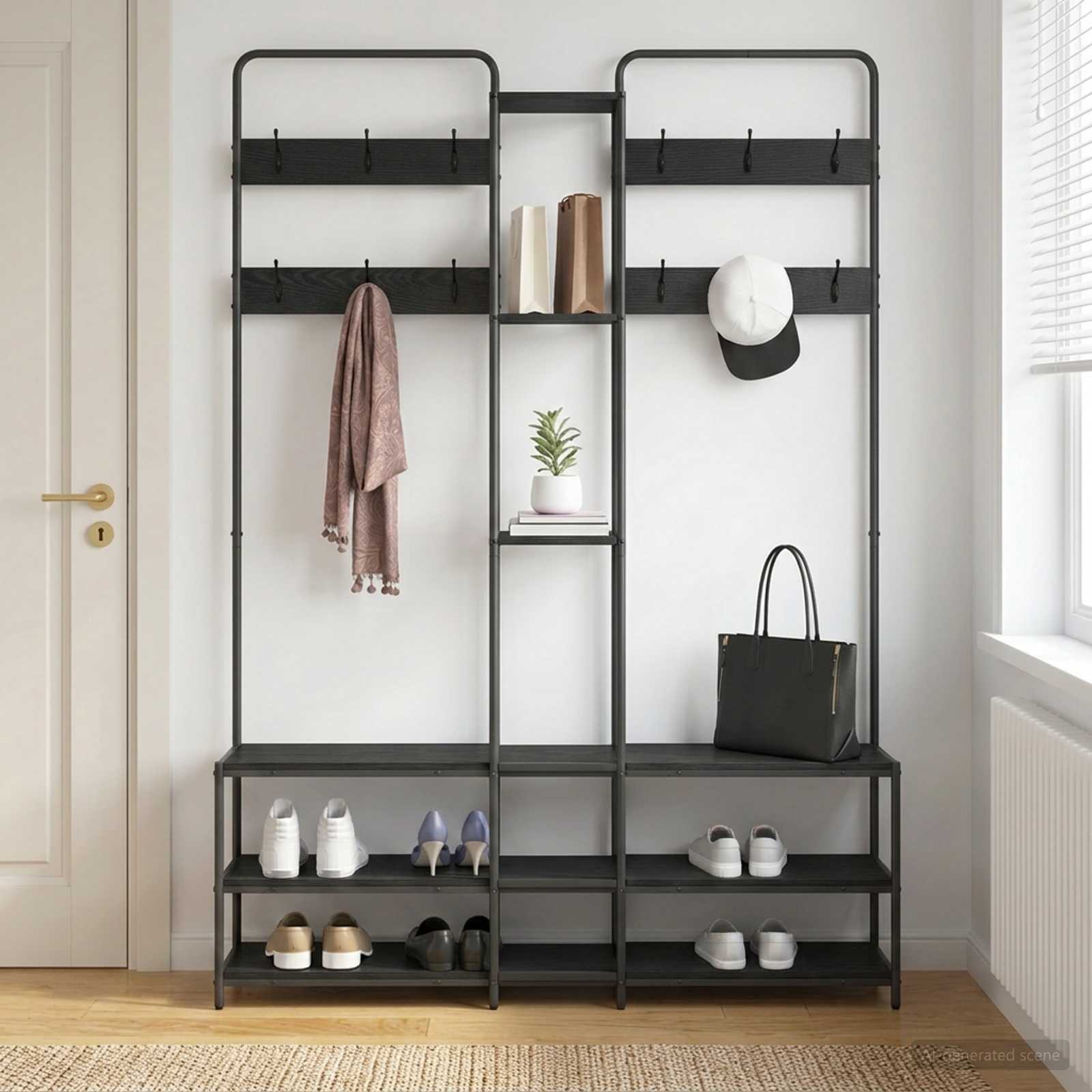 Appendiabiti con panca per scarpe Rovere Nero