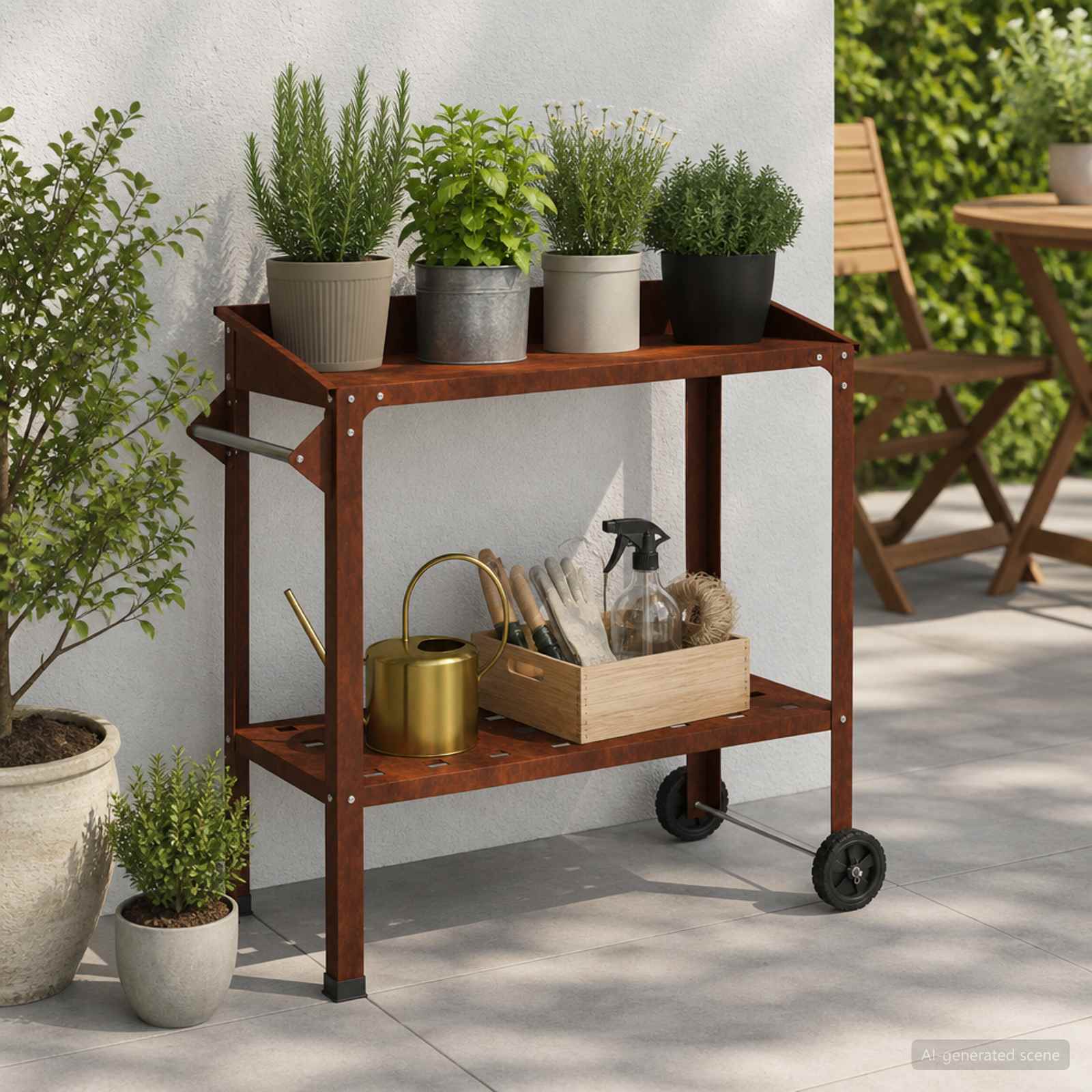 Tavolo da Vaso con Ruote Ruggine 96 x 50 x 89 cm Acciaio Corten