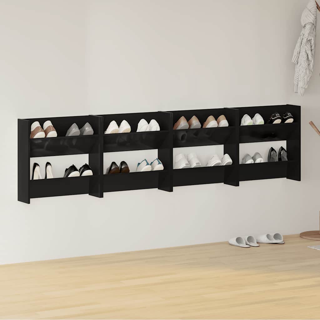 Scarpiere a Muro 4pz Nero Lucido 60x18x60cm Legno Multistrato