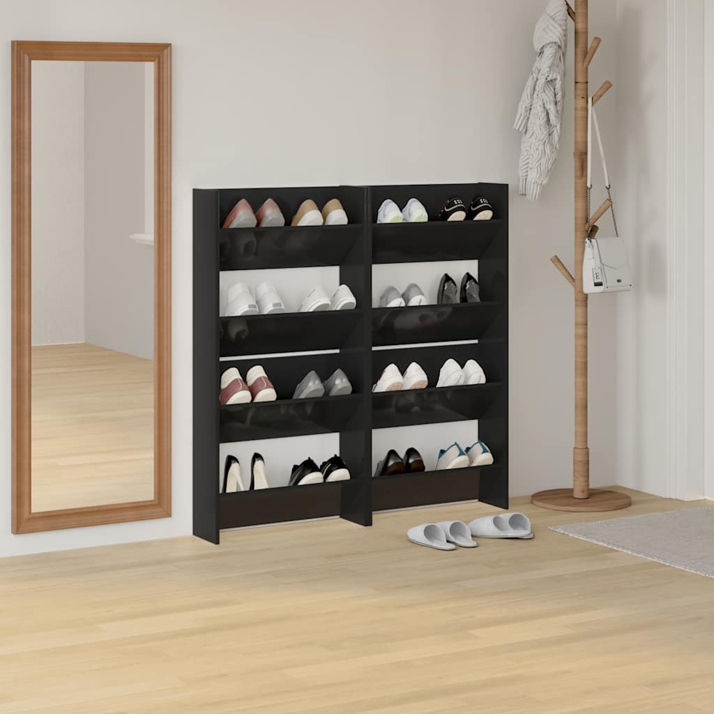 Scarpiere a Muro 4pz Nero Lucido 60x18x60cm Legno Multistrato