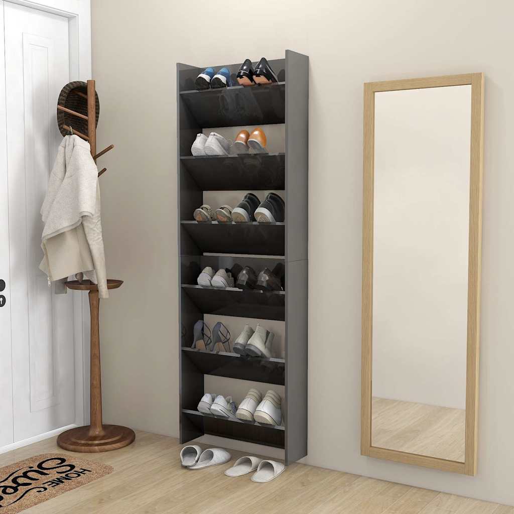 Scarpiere a Muro 2pz Grigio Lucido 60x18x90cm Legno Multistrato