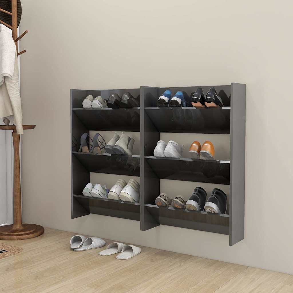 Scarpiere a Muro 2pz Grigio Lucido 60x18x90cm Legno Multistrato