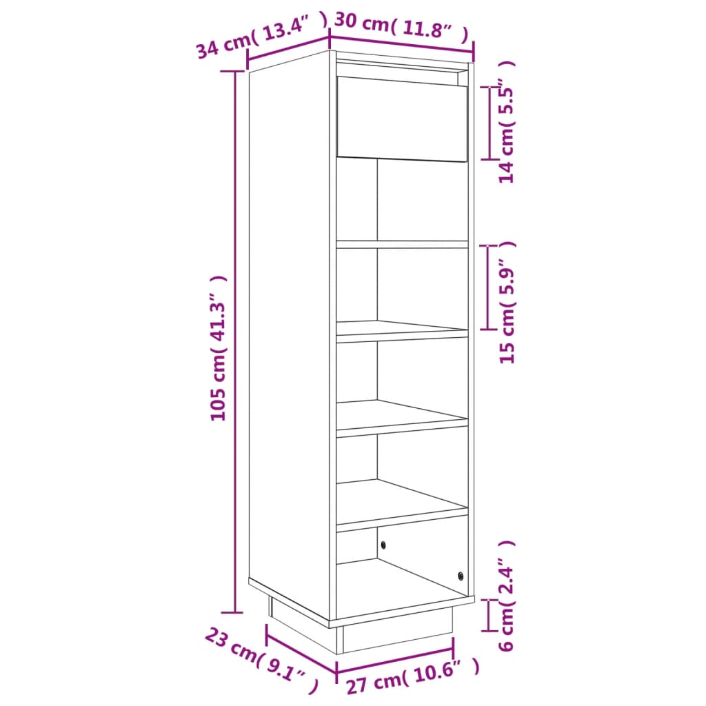 Scarpiera Bianca 30x34x105 cm in Legno Massello di Pino