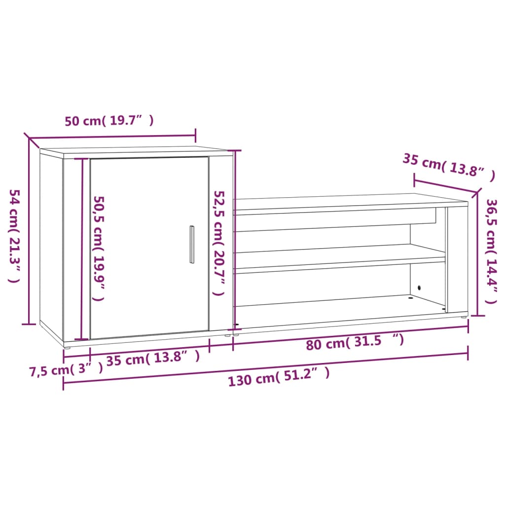 Scarpiera Rovere Sonoma 130x35x54 cm in Legno Multistrato