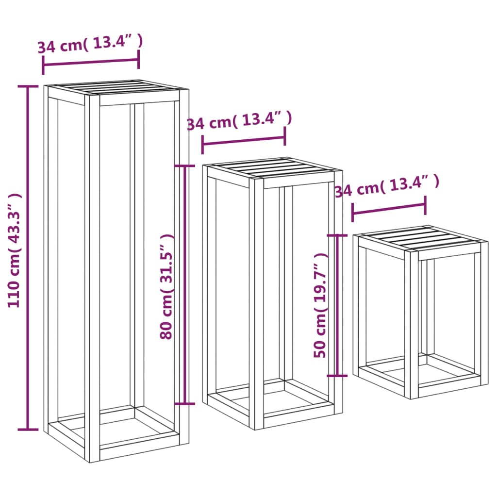 Set Supporti per Piante 3 pz Grigio in Legno Massello di Pino