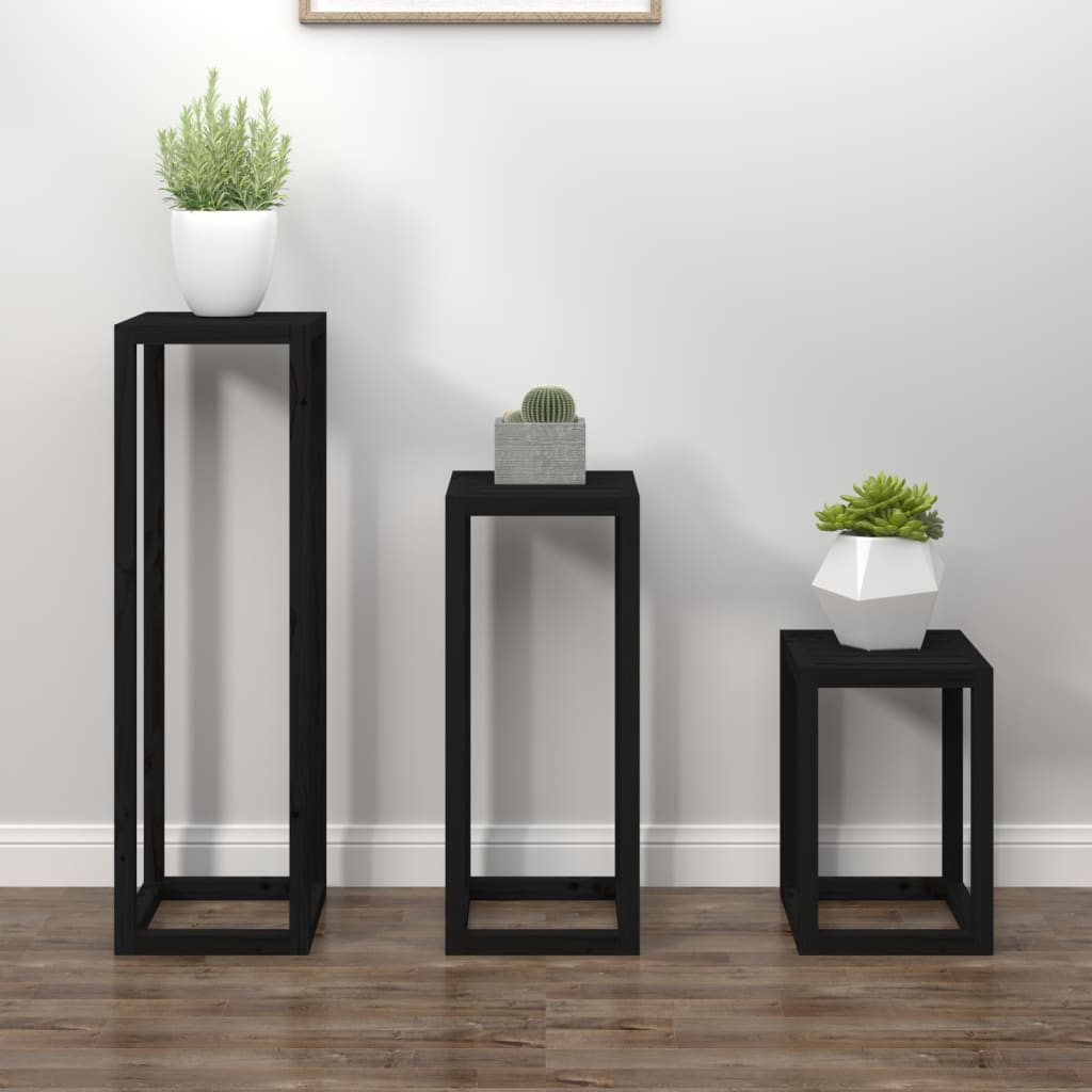 Set Supporti per Piante 3 pz Nero in Legno Massello di Pino