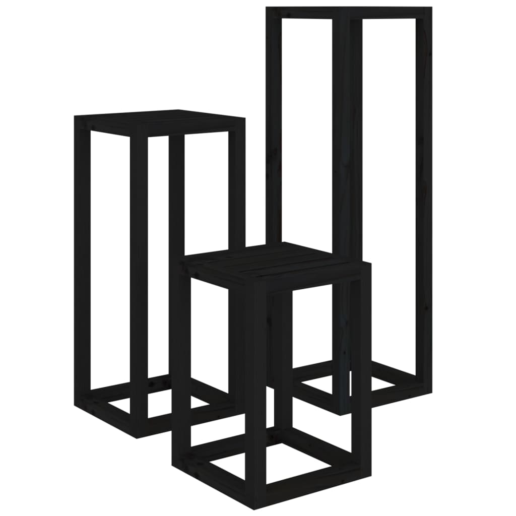 Set Supporti per Piante 3 pz Nero in Legno Massello di Pino