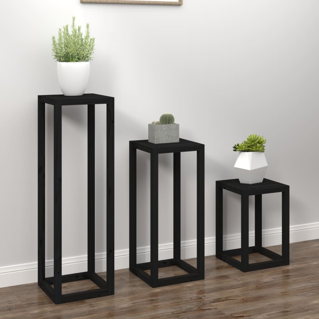 Set Supporti per Piante 3 pz Nero in Legno Massello di Pino