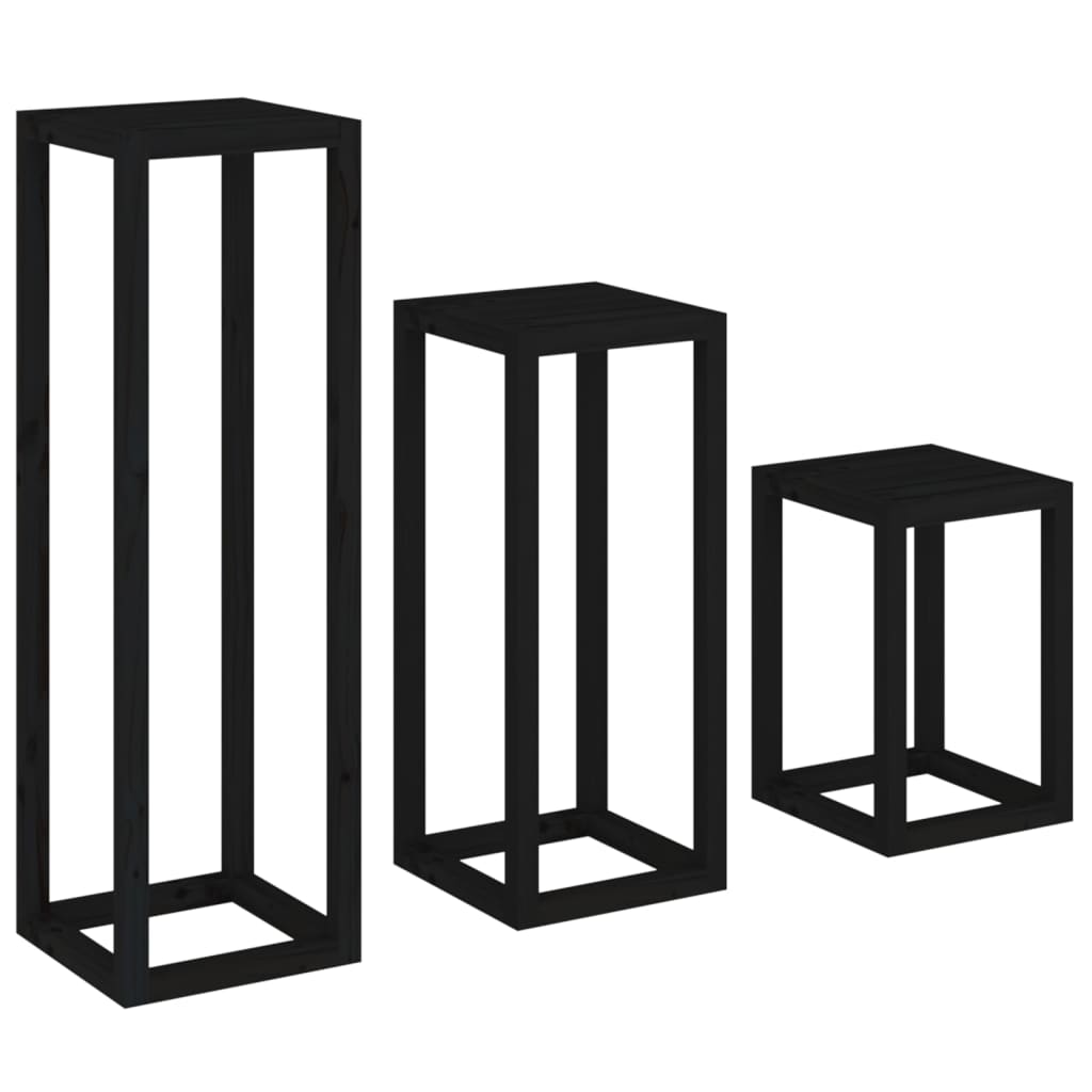 Set Supporti per Piante 3 pz Nero in Legno Massello di Pino