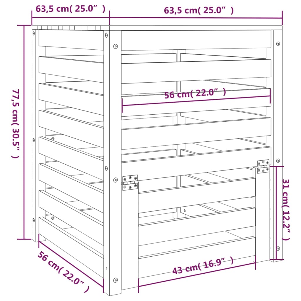 Compostiera Nera 63,5x63,5x77,5 cm in Legno Massello di Pino