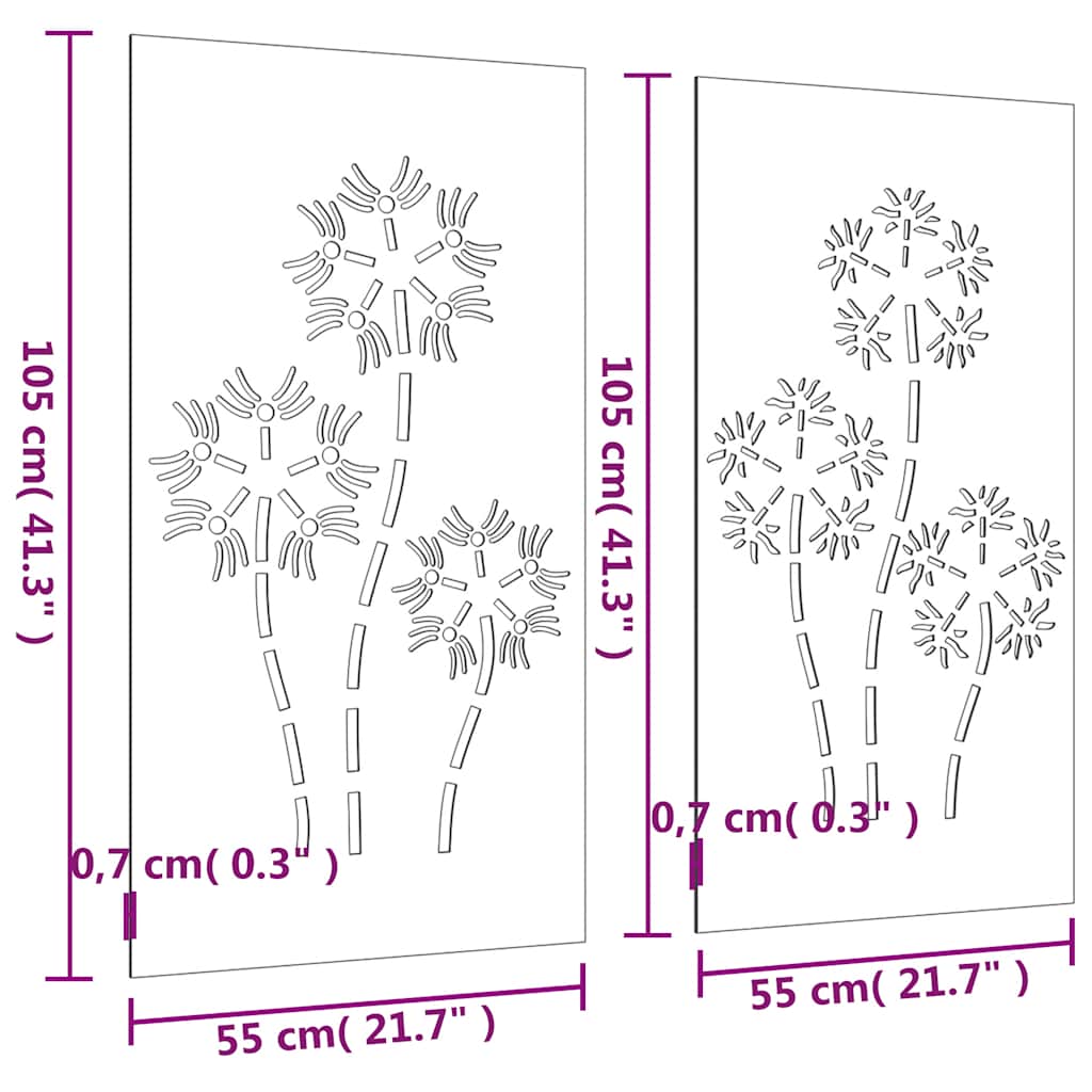 Decorazioni Muro da Giardino 2pz 105x55 cm Fiore Acciaio Corten