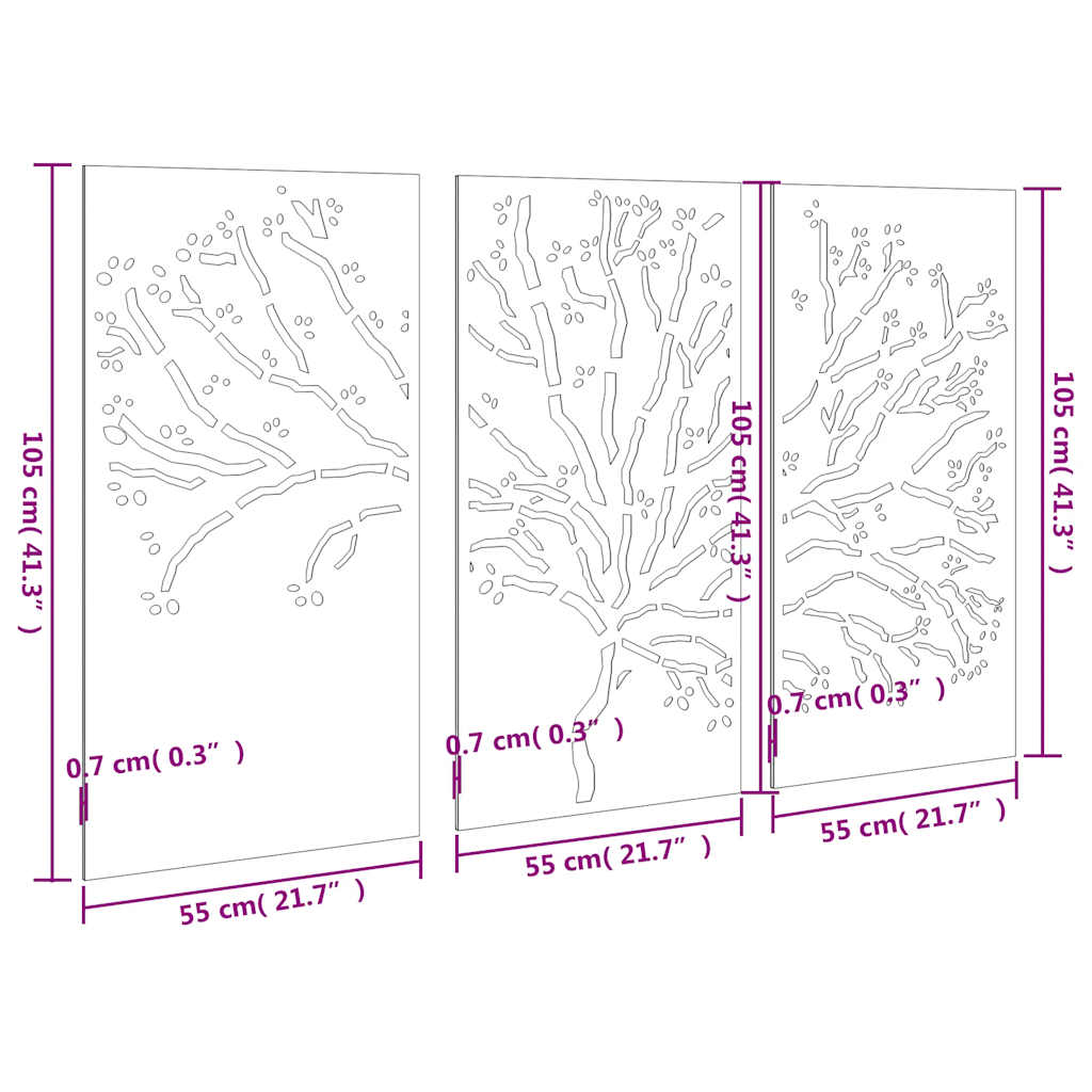 Decorazioni Muro Giardino 3pz 105x55 cm Albero Acciaio Corten