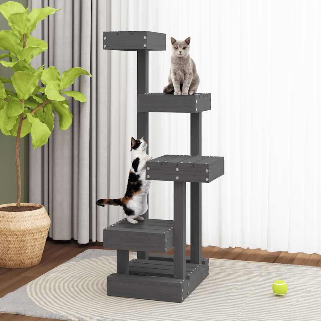 Albero per Gatti Grigio 45,5x49x103cm in Legno Massello di Pino