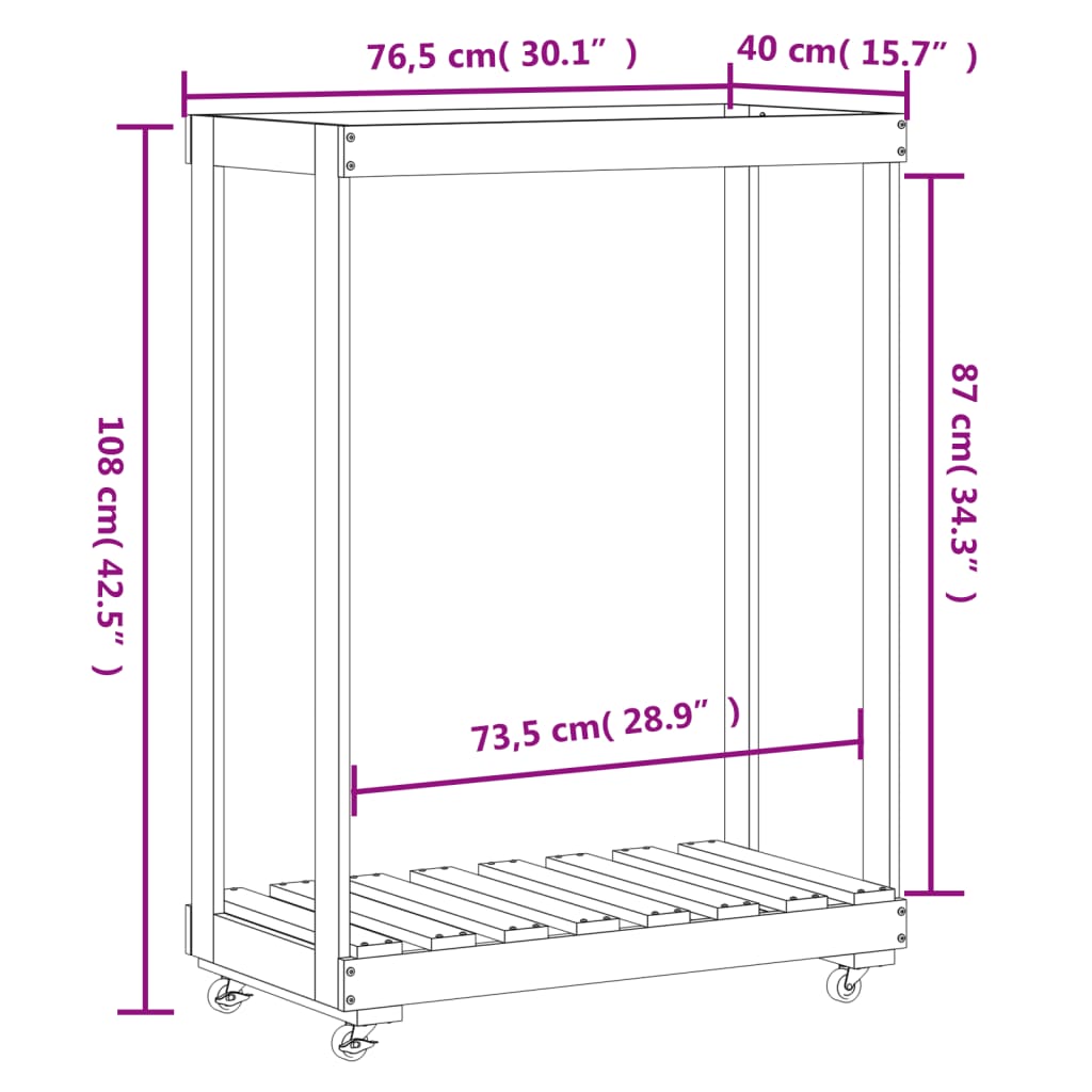Portalegna con Ruote 76,5x40x108 cm Legno Massello di Pino
