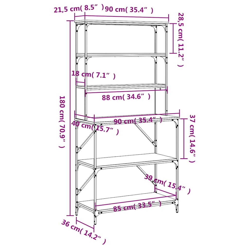 Scaffale Cucina 6Ripiani Rovere Marrone 90x40x180cm Multistrato