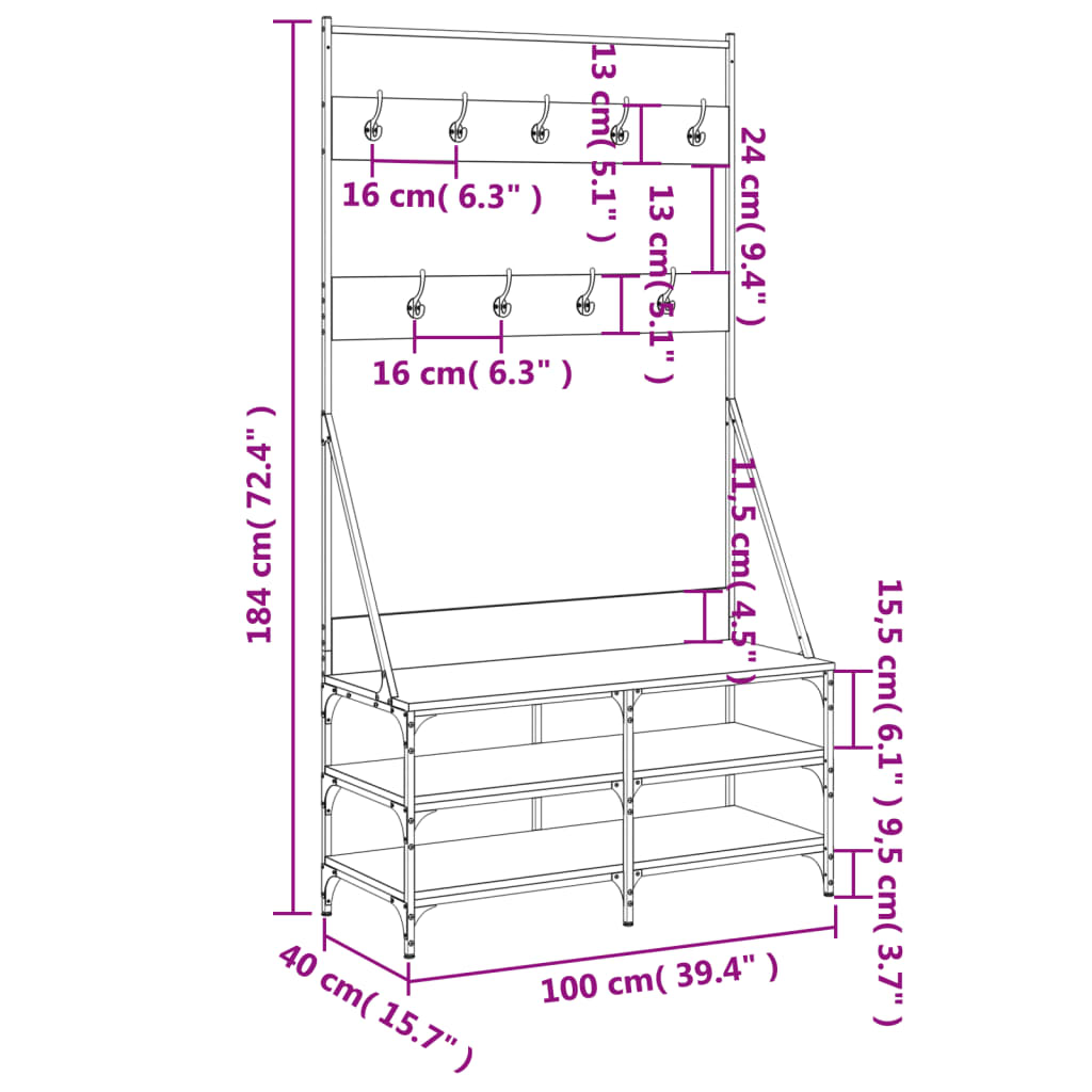 Appendiabiti con Porta Scarpe Rovere Fumo 100x40x184 cm