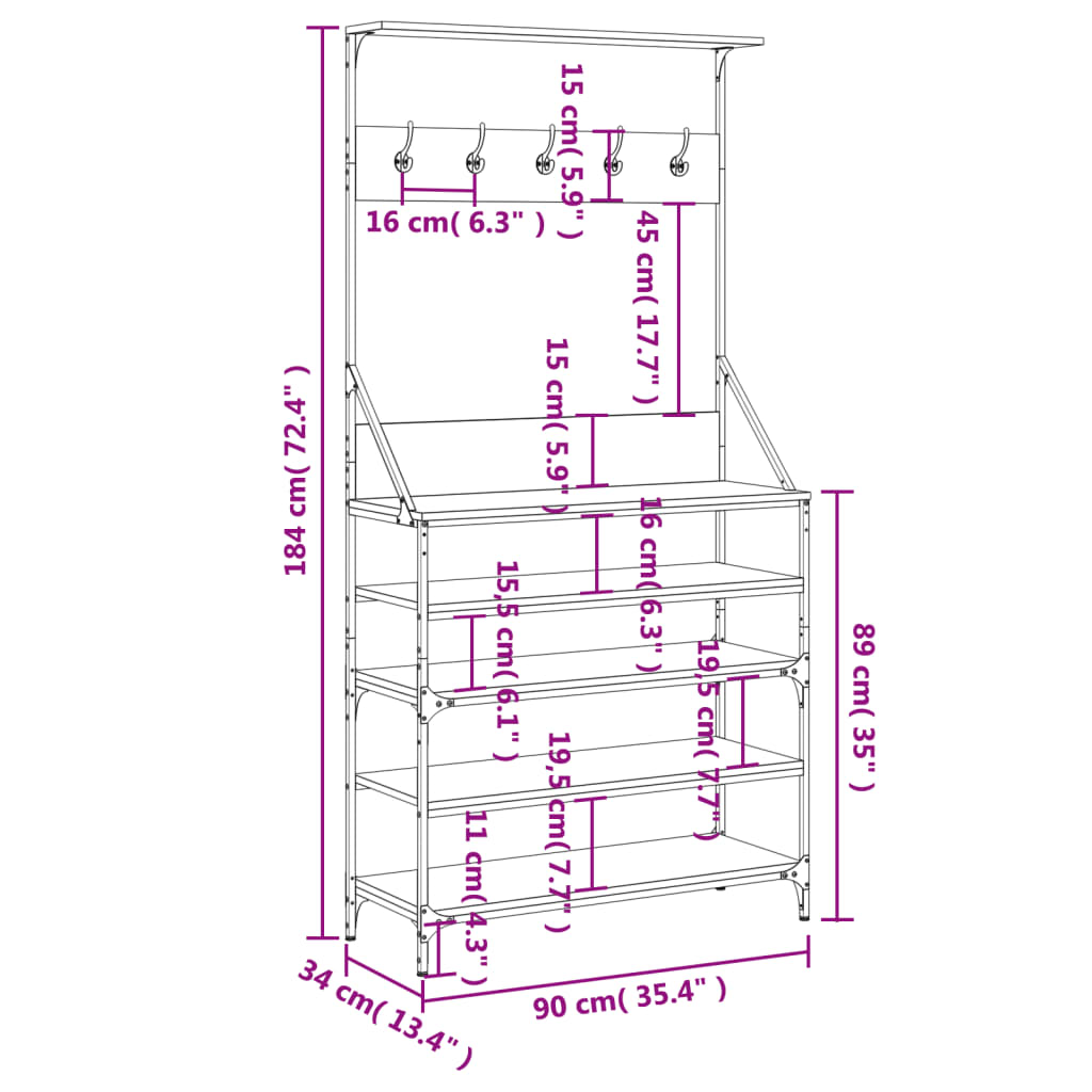 Appendiabiti con Porta Scarpe Rovere Fumo 90x34x184 cm