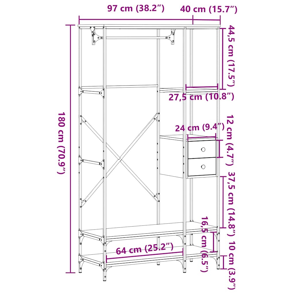 Appendiabiti con Scaffali Nero in Legno Multistrato